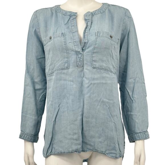 Bella Dahl Top Womens Medium Blue Chambray Tencel V-Neck Autumn Country Western - Picture 1 of 8